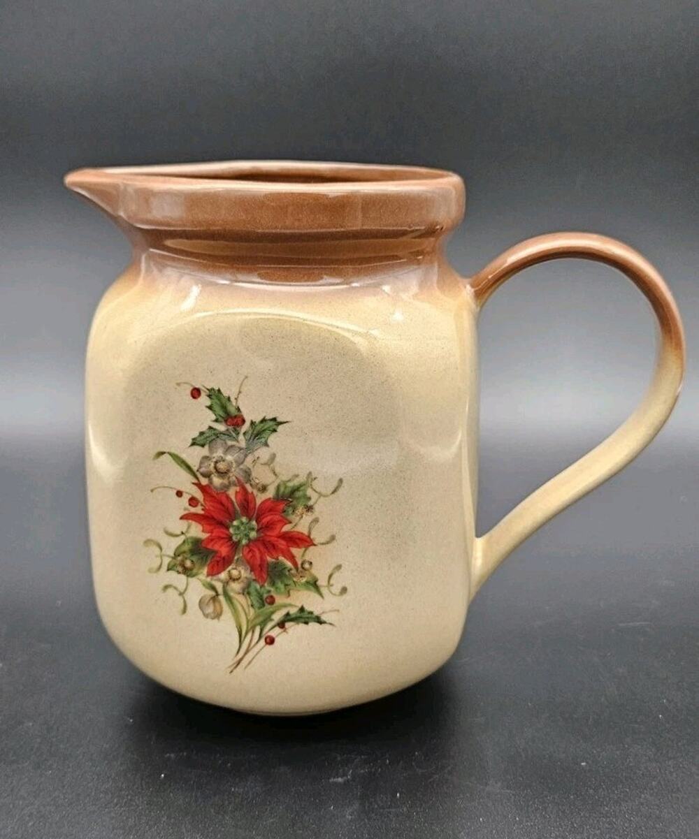 Vintage Stoneware Pitcher Poinsettia Floral Christmas Cream Brown Glaze 7.5"